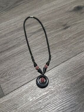 Black and Mauve Beaded Pendant Necklace - Unbranded